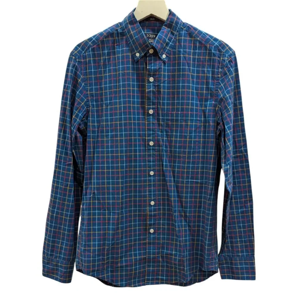 J. Crew Factory Flex Washed Slim Blue & Red Plaid Casual Button Down Shirt NWT